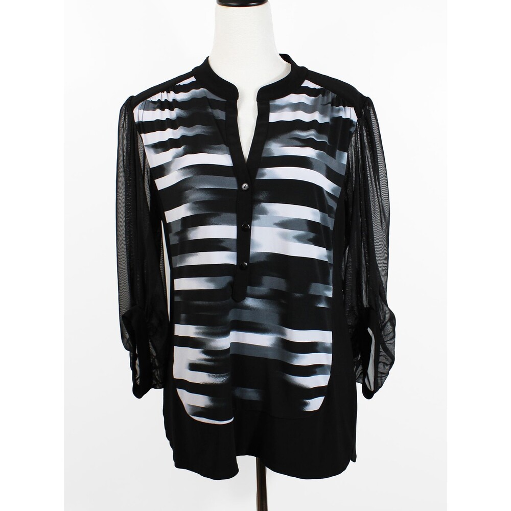 Joseph Ribkoff Size 10 Black White Abstract Sheer Mesh 3/4 Sleeve Blouse Vintage